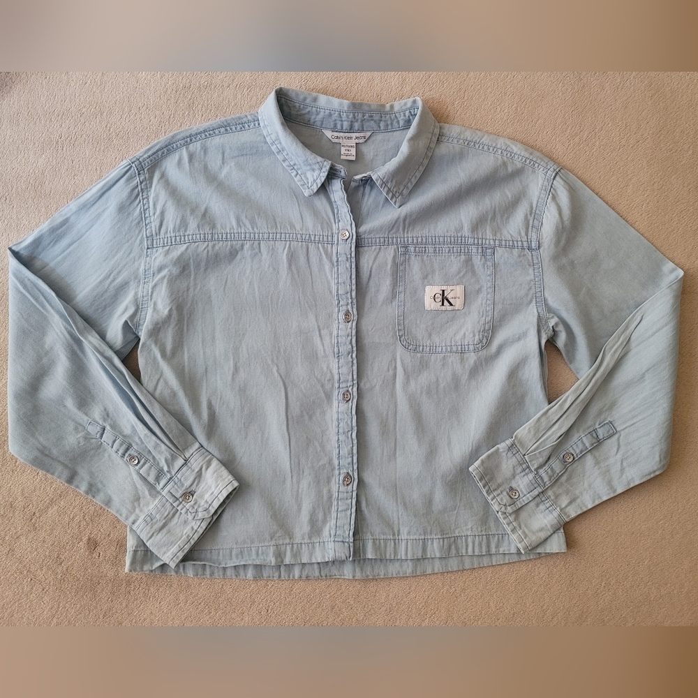 Calvin Klein Girl Denim Blue Long Sleeve Collar Shirt Size 16 NWOT